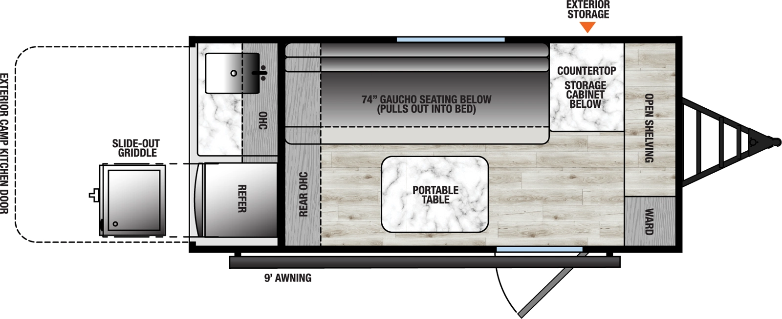The Viking 9000 Series & 12000 Series 9000ROK floorplan has one entry and zero slide outs. Exterior features include: metal exterior, 9' awning and outside kitchen. 